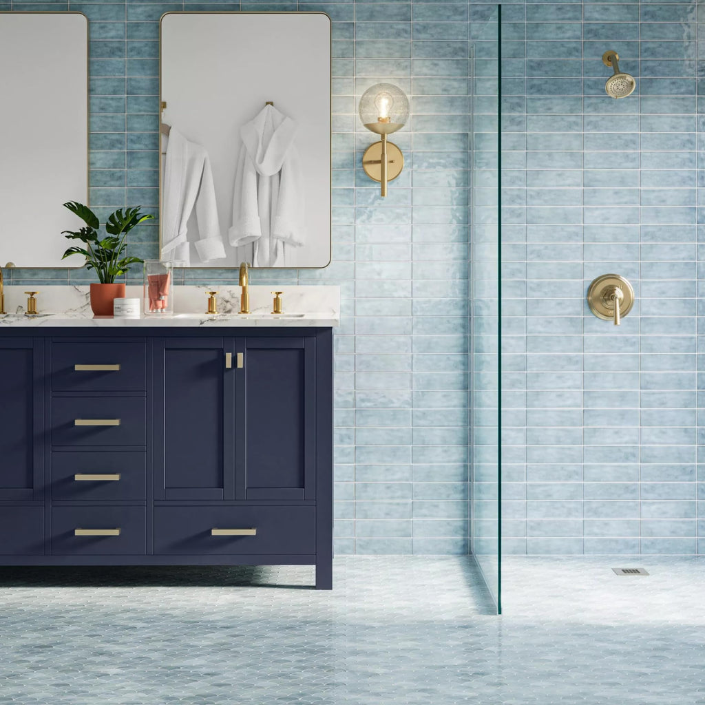 Handmade Zellige Look 2.5" x 8" Blue Porcelain Tile - High Gloss Pressed Edge Subway Tile for Wall & Floor, Bathroom