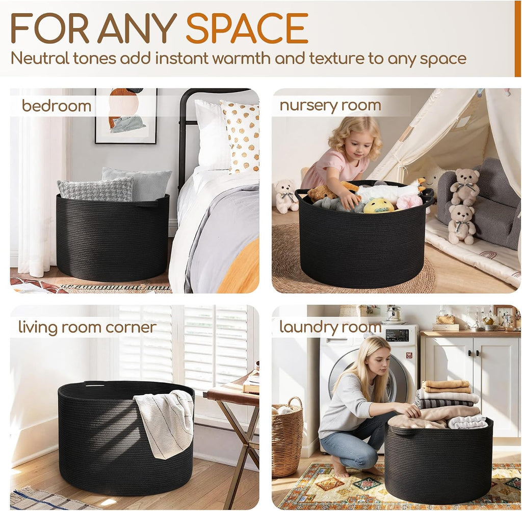 Large Black Blanket Basket, 22" X 22" X 14" Woven Rope Bin for Storage, Kids Dog Toy Storage Box Organizer Bins