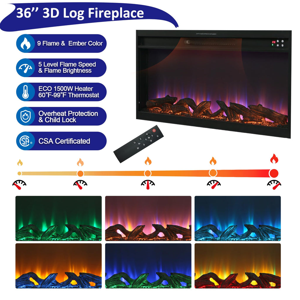 Crescent TV Stand with Fireplace for up to 80 Inch TV, LED Entertainment Center with 36 Inch Electric Fireplace