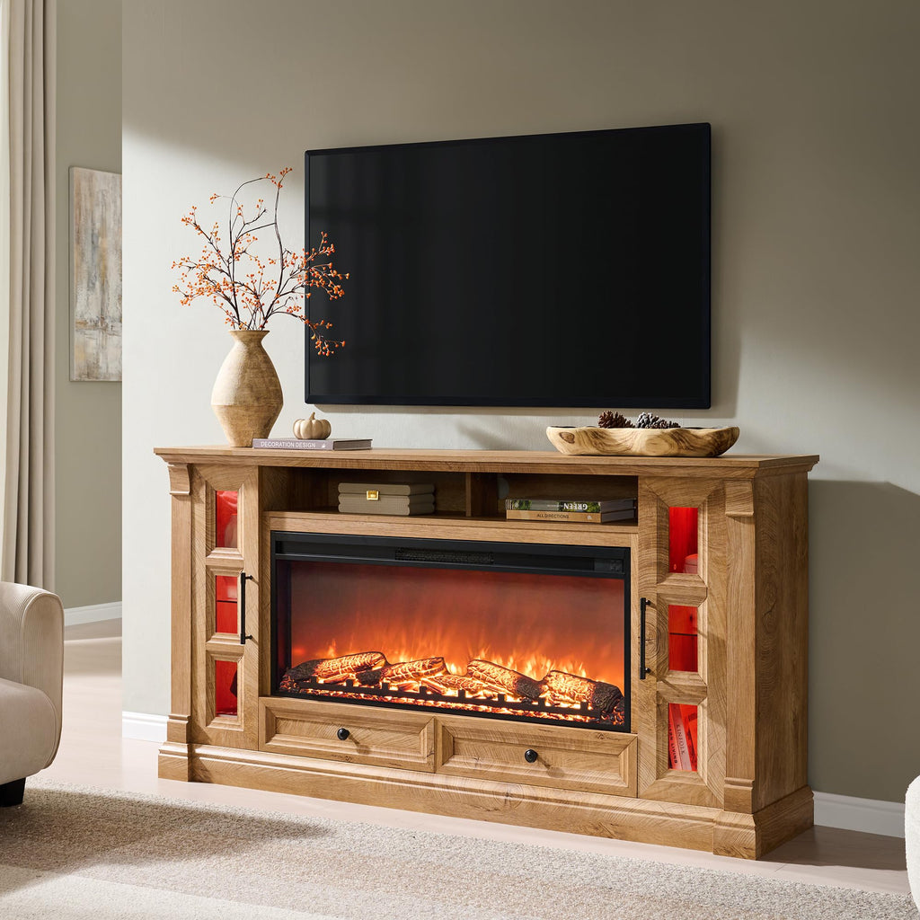 70" Farmhouse TV Stand with 42" Electric Fireplace, Light Knotty Oak