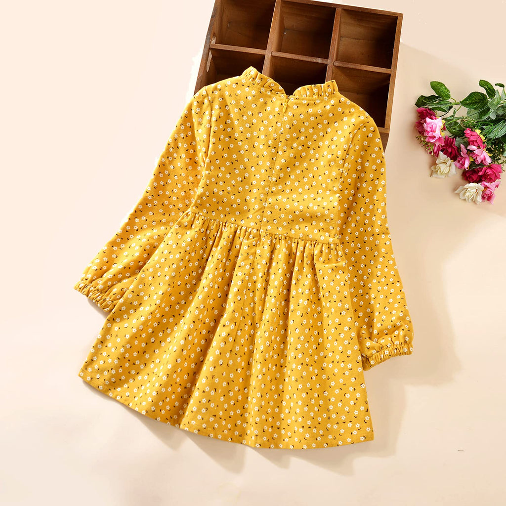 Toddler Baby Girls Floral Dress Long Sleeve Cotton Dress Fall Winter Midi Dress Little Girl Dress Yellow