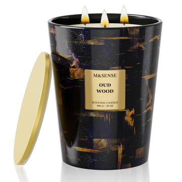 Oud Wood Scented Soy Candle, Large 3-Wick 35oz Candles