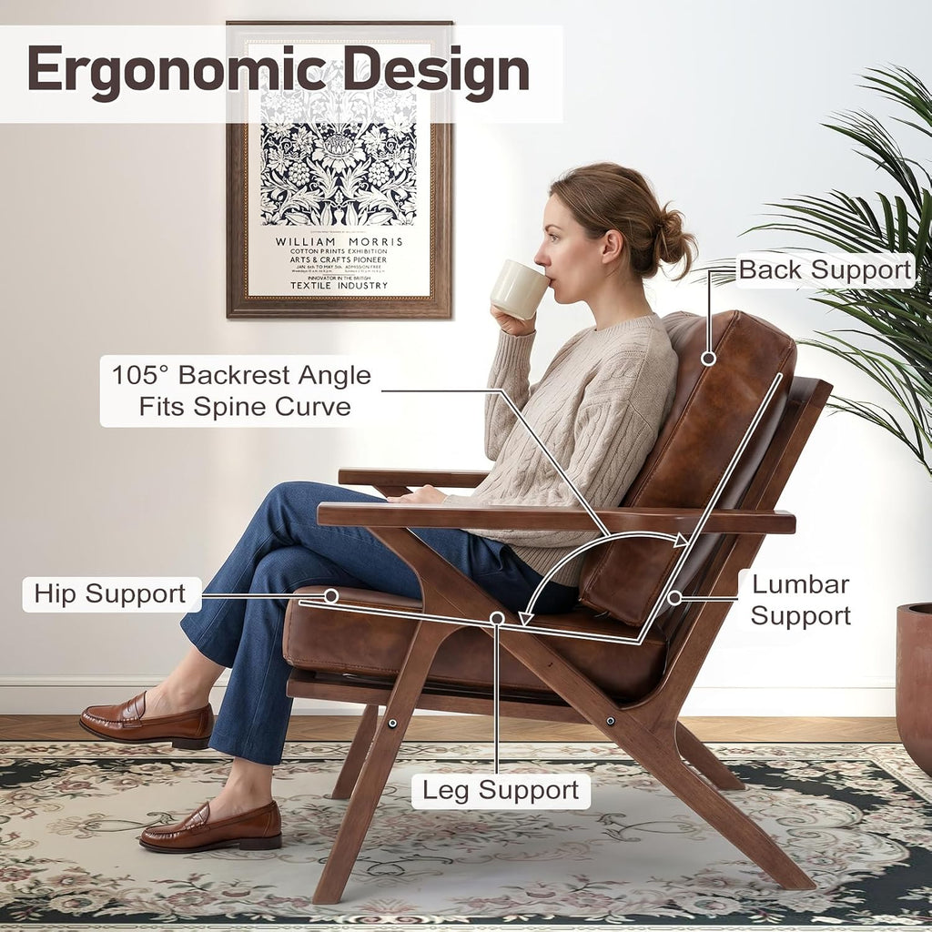 Faux Leather Accent Chair with Overstuffed Cushion, Mid-Century Modern Armchair with Solid Wood Frame, Upholstered