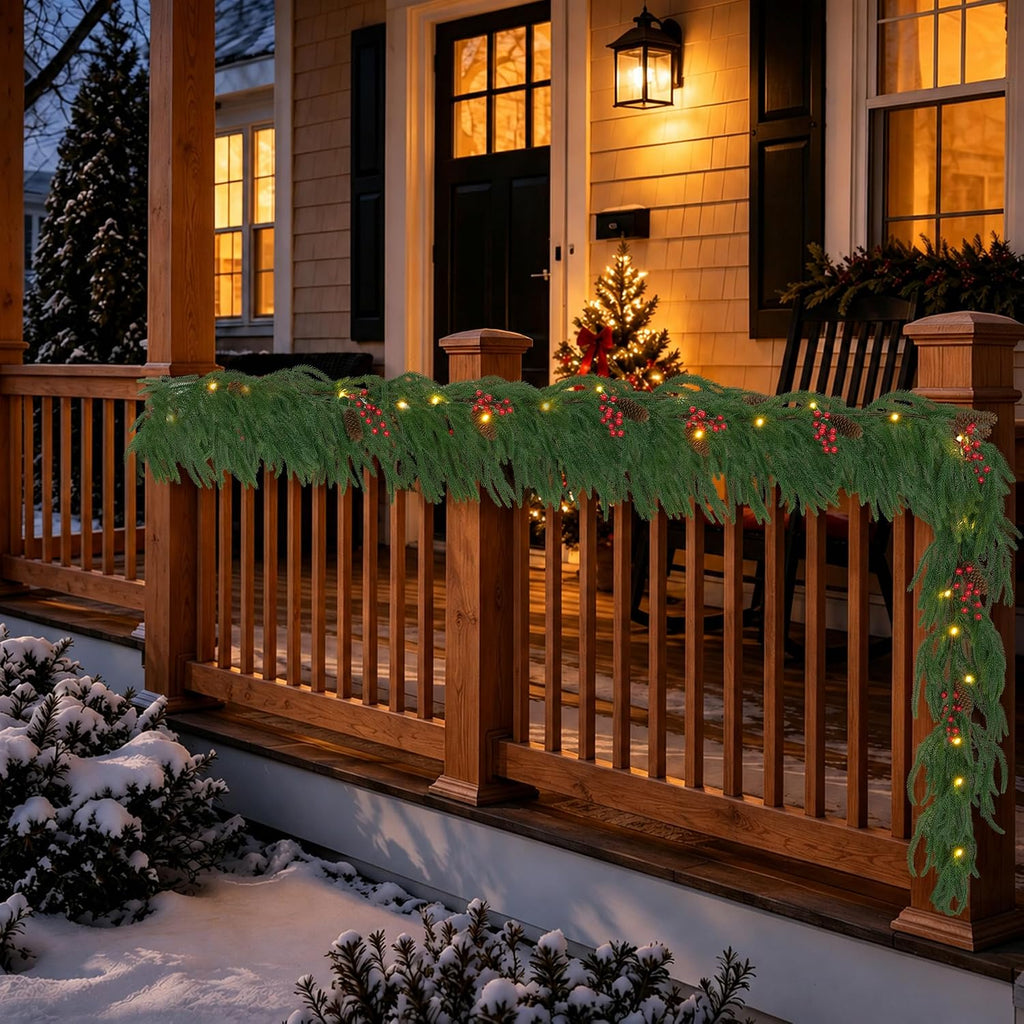 9ft Norfolk Pine Garland with LED Lights Red Berries Pine Cones