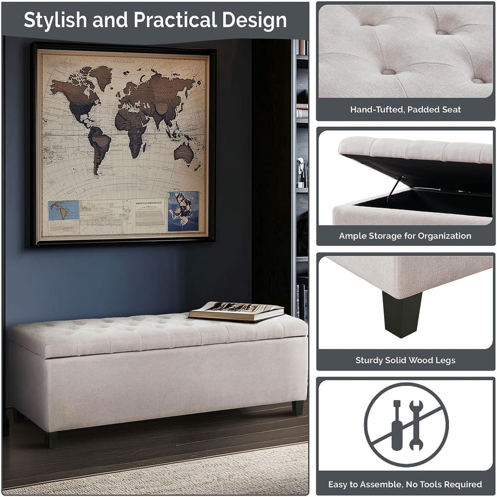 49" Upholstered Storage Bench, Button Tufted End of Bed Bench with Storage, Dual Spring Soft-Close Lid, Bedroom Bench