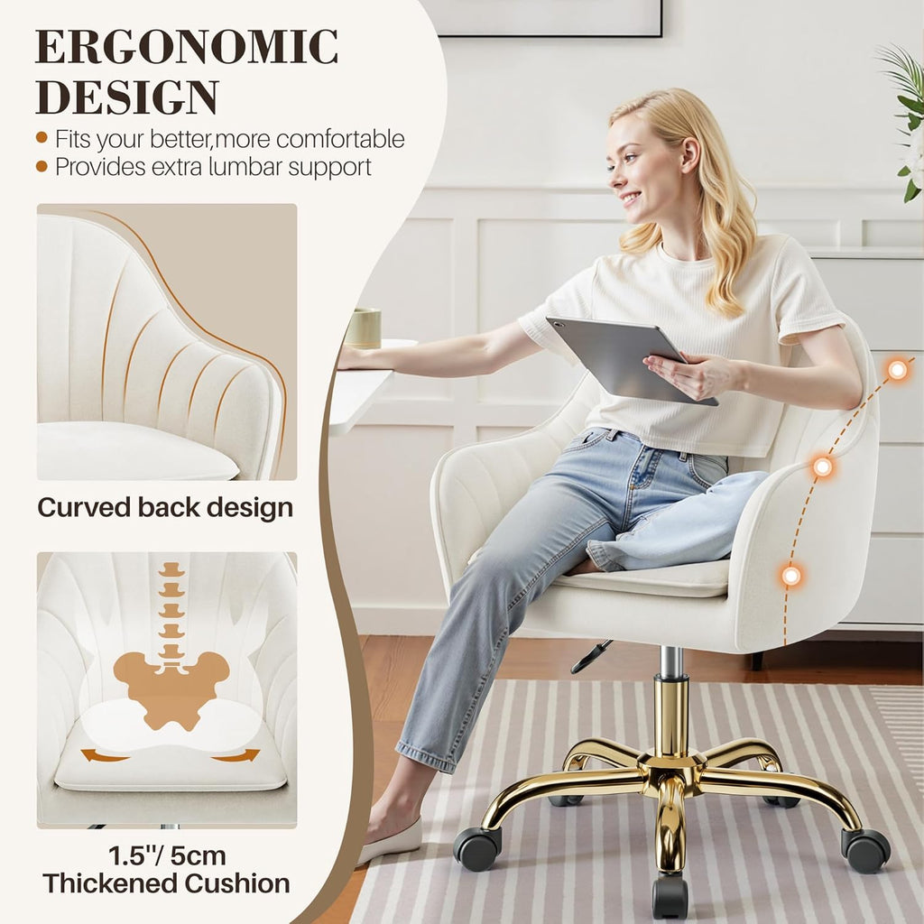 Vanity Chair with Wheels, Comfy Home Office Desk Chairs Adjustable Modern Velvet Makeup Vanity Chairs for Bedroom