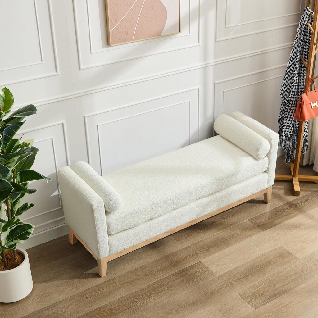 66.34" W King Size Bench for End of Bed, Upholstered Bench with Pillows & Natural Wood Legs /Entryway/Living Room