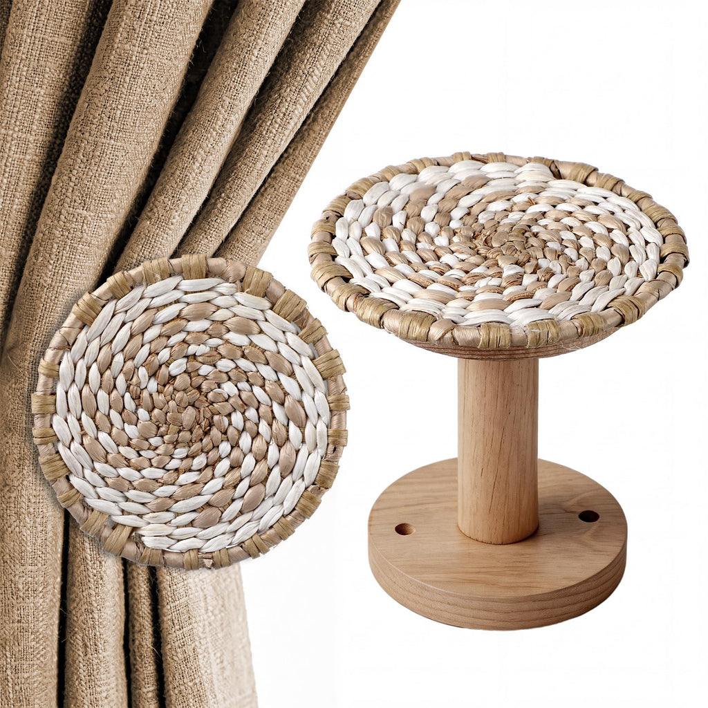 Boho Curtain Holdbacks Rattan Tiebacks, Round White - 2 Pack
