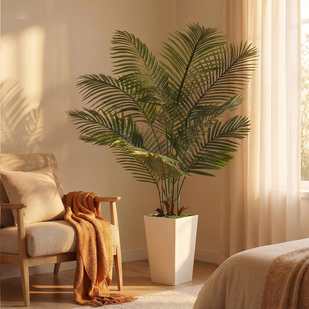 6FT Artificial Palm Tree, Palm Tree 72in Tall Faux with 15.7 White Planter, Fake Potted Tree with Lifelike Leaves