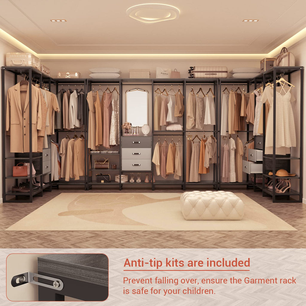 Wood Clothes Rack Wardrobe Organizer for Hanging Clothes, Heavy Duty Garment Rack, Large Corner L Shaped Closet