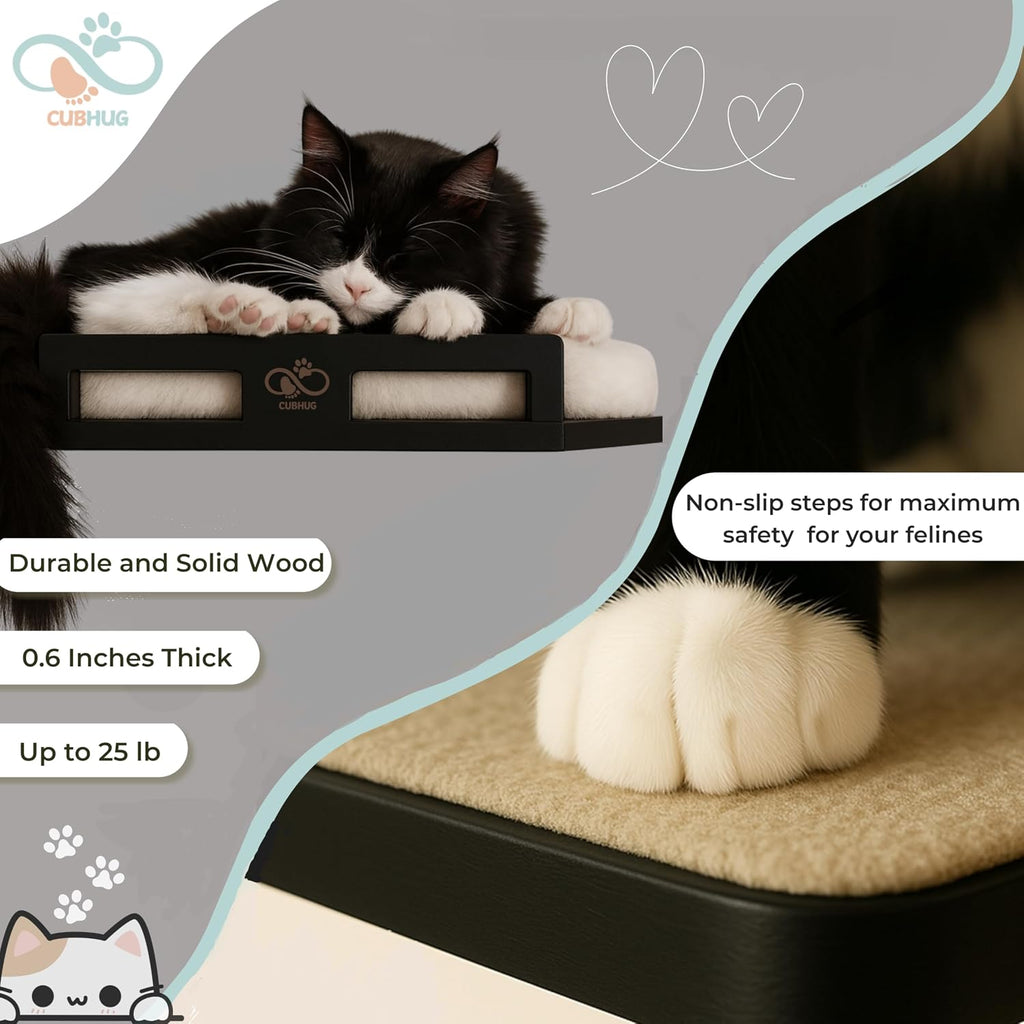 Cat Wall Shelves, Solid Wood Corner Bed, 3 Steps, Up to 25 lb, Black
