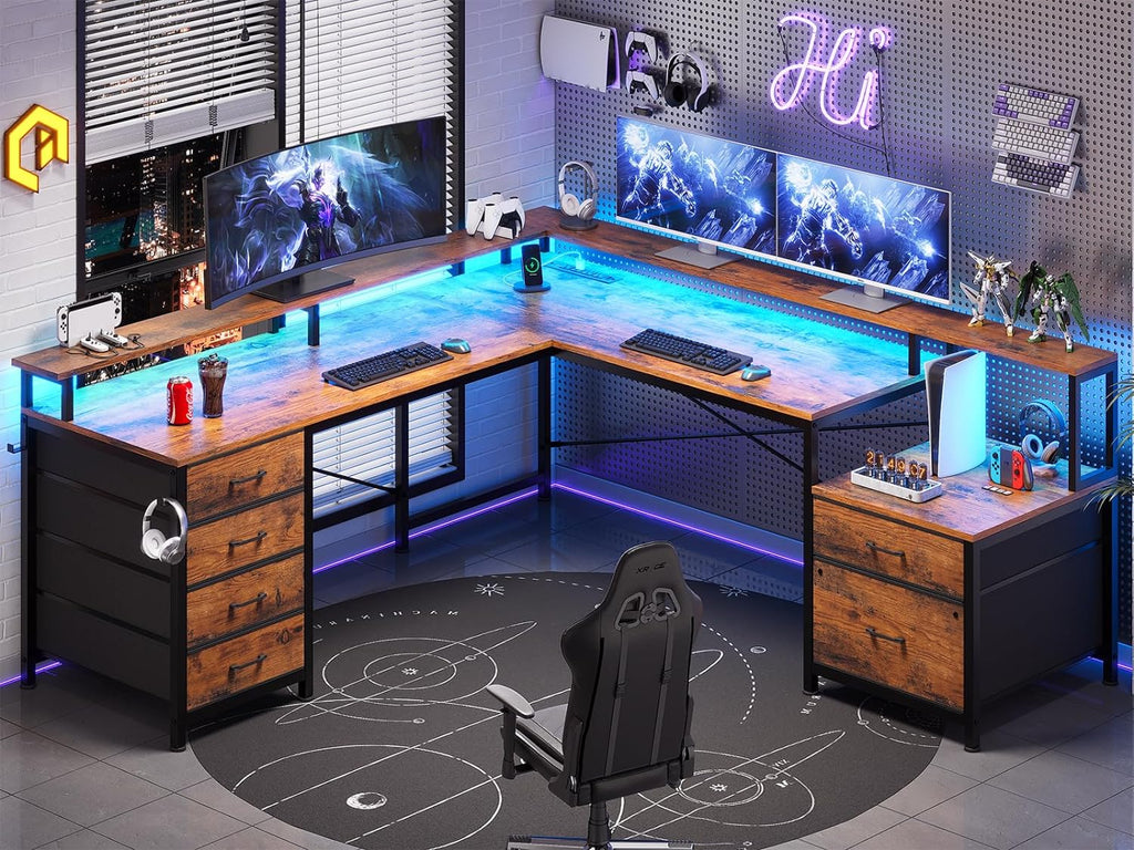 L Shaped Computer Desk with 6 Drawer, File Drawer & Power Outlet | 108" Corner Desk with Monitor Shelf, File Cabinet