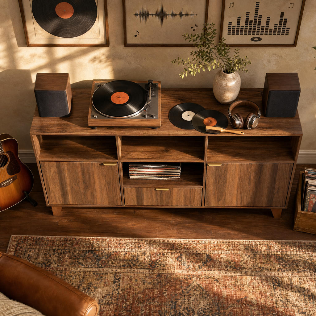 Large Record Player Stand with Vinyl Storage, Mid Century Modern Turntable Cabinet with Charging Station & Power
