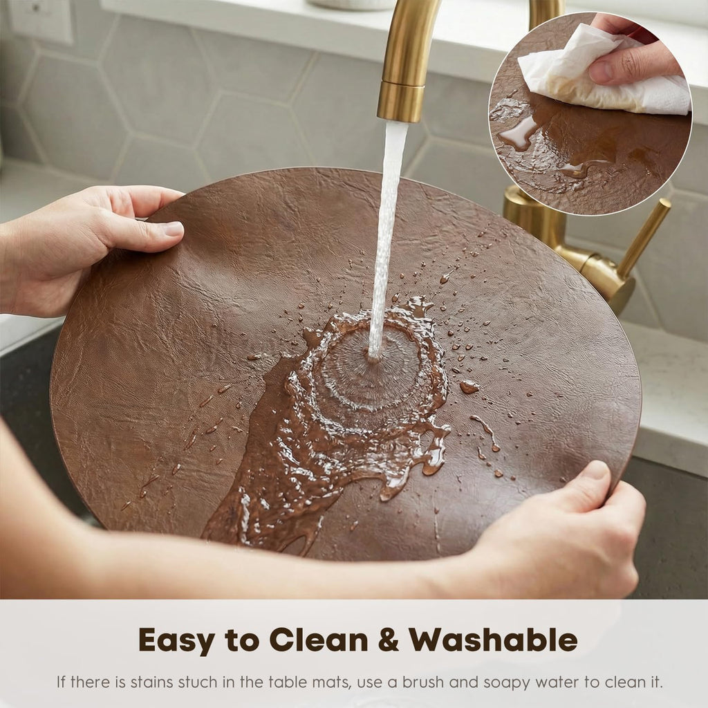 Brown Faux Leather Placemats Set of 8, 15 Inch Waterproof Wipeable Heat Resistant Vinyl Place Mats, Reversible Table