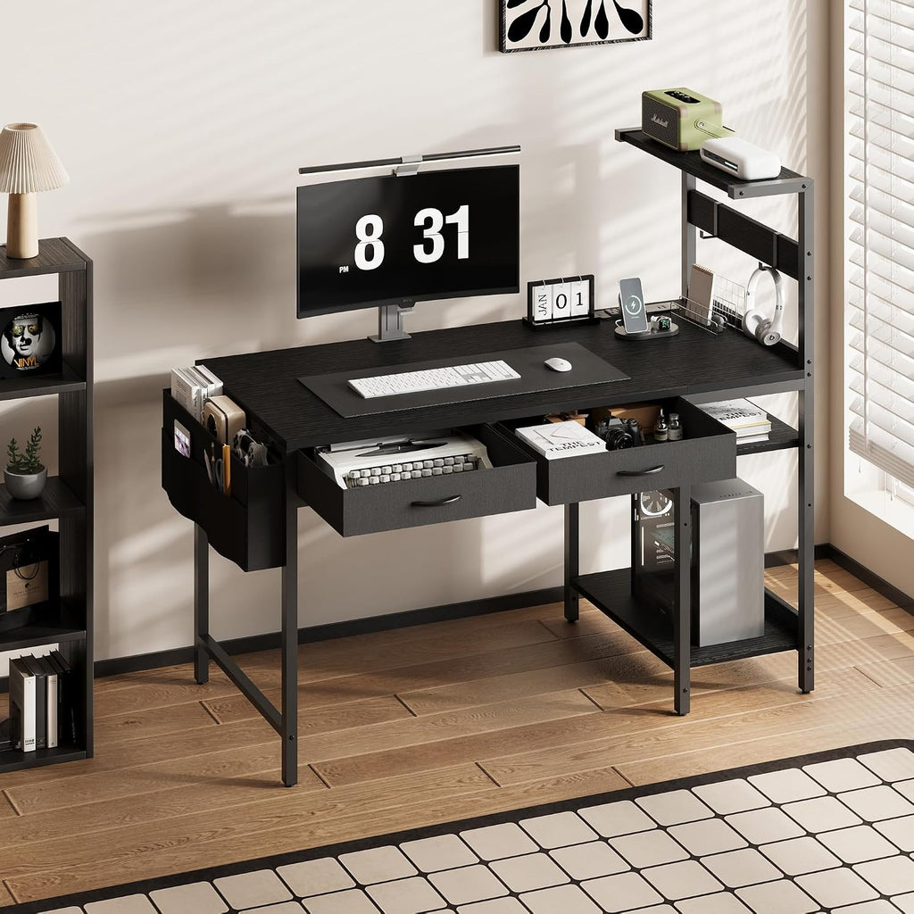 40 Inch Small Gaming Desk with Drawers & Led Lights & Storage Bag, Black | Reversible Storage Shelf, Power Outlets