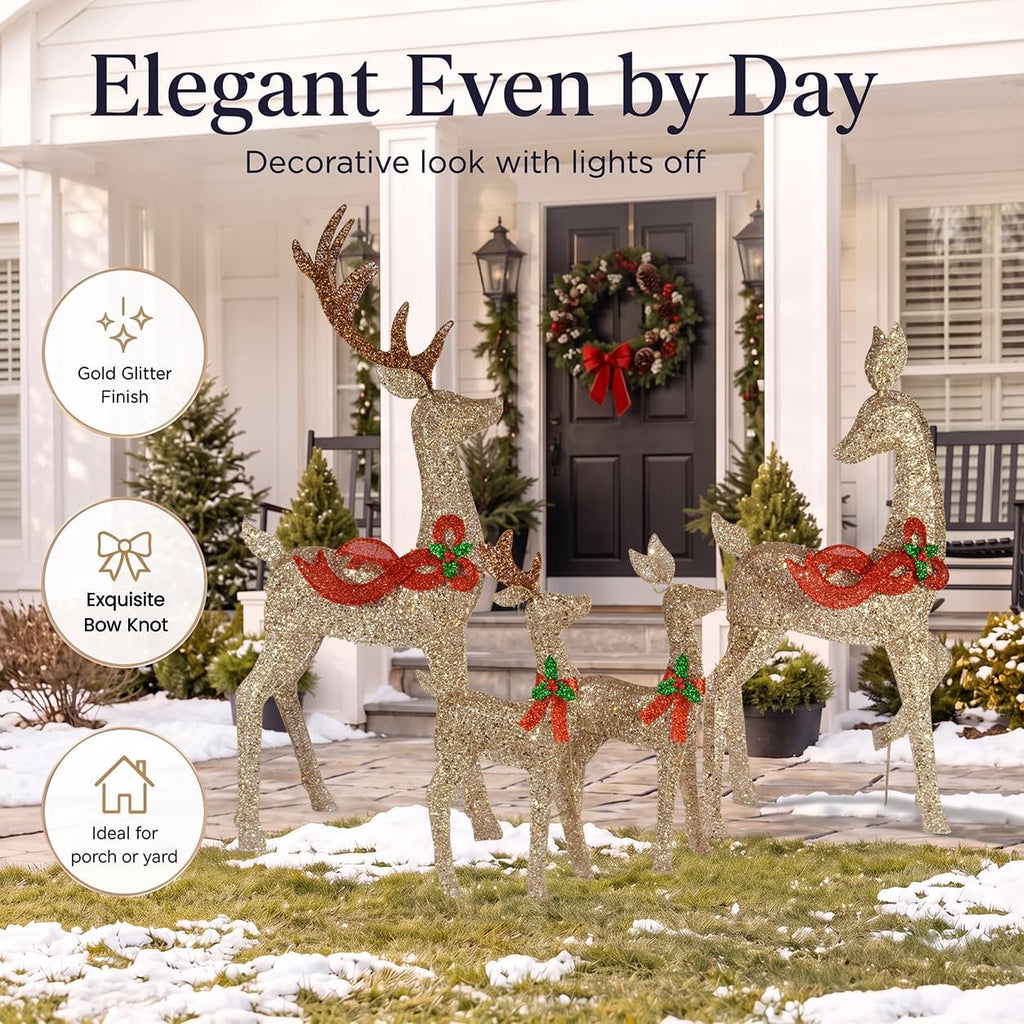 58" 4-Piece 3D Lighted Christmas Deer Family Outdoor Decorations, Large Gold Reindeer Set with 188 Warm White Lights