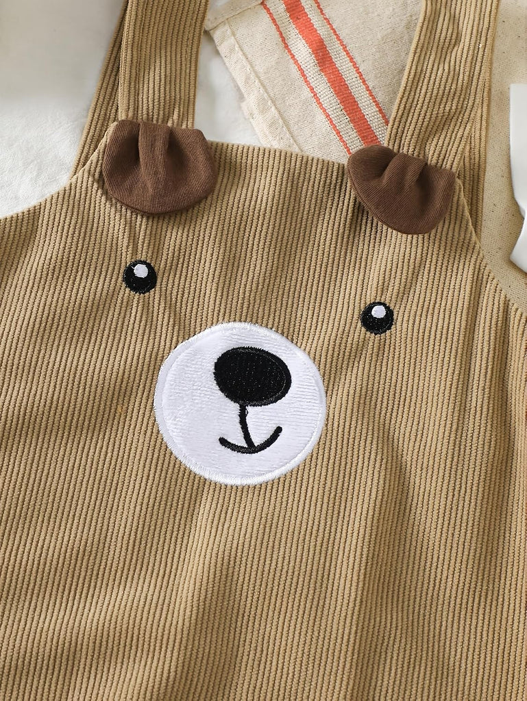 Baby Bear Overalls Set Brown Corduroy Suspender Pants White Short Sleeve Top Cute Animal Design Infant Outfit