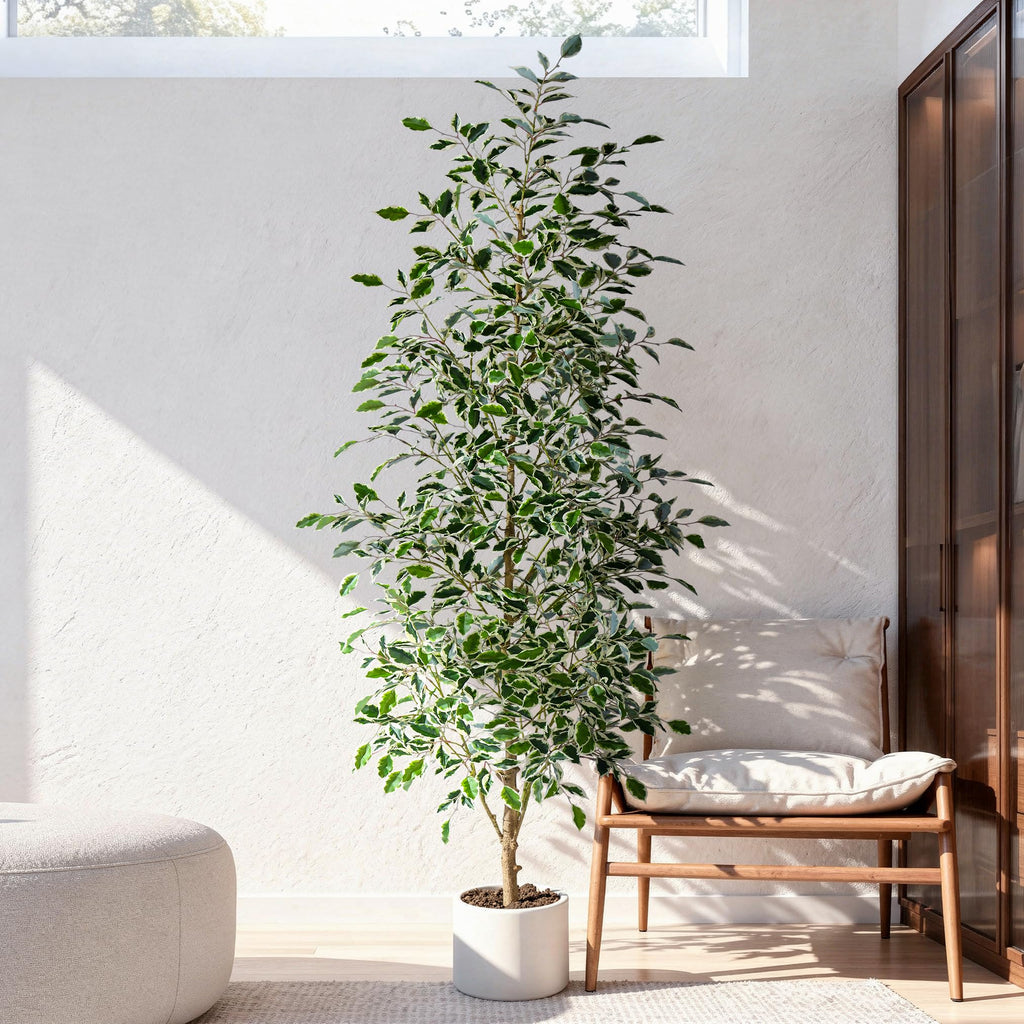 8FT Artificial Ficus Trees Indoor Faux Trees Indoor Fake Floor Plants Tall Artificial Tree with White Pot Faux Tree