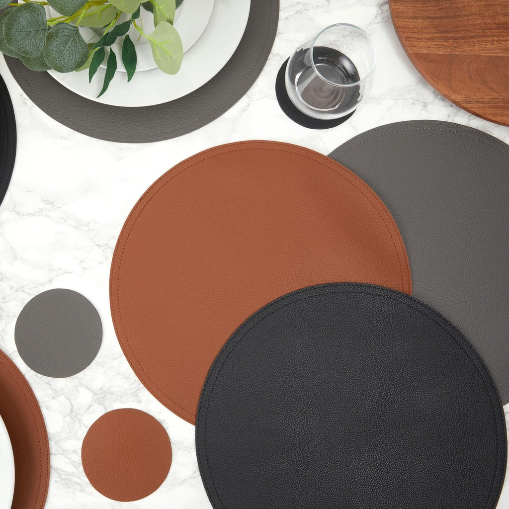 Round Vegan Leather Table Placemats & Coasters - Waterproof & Heat-Resistant Dining Table Decor - Easy Wipe-Clean