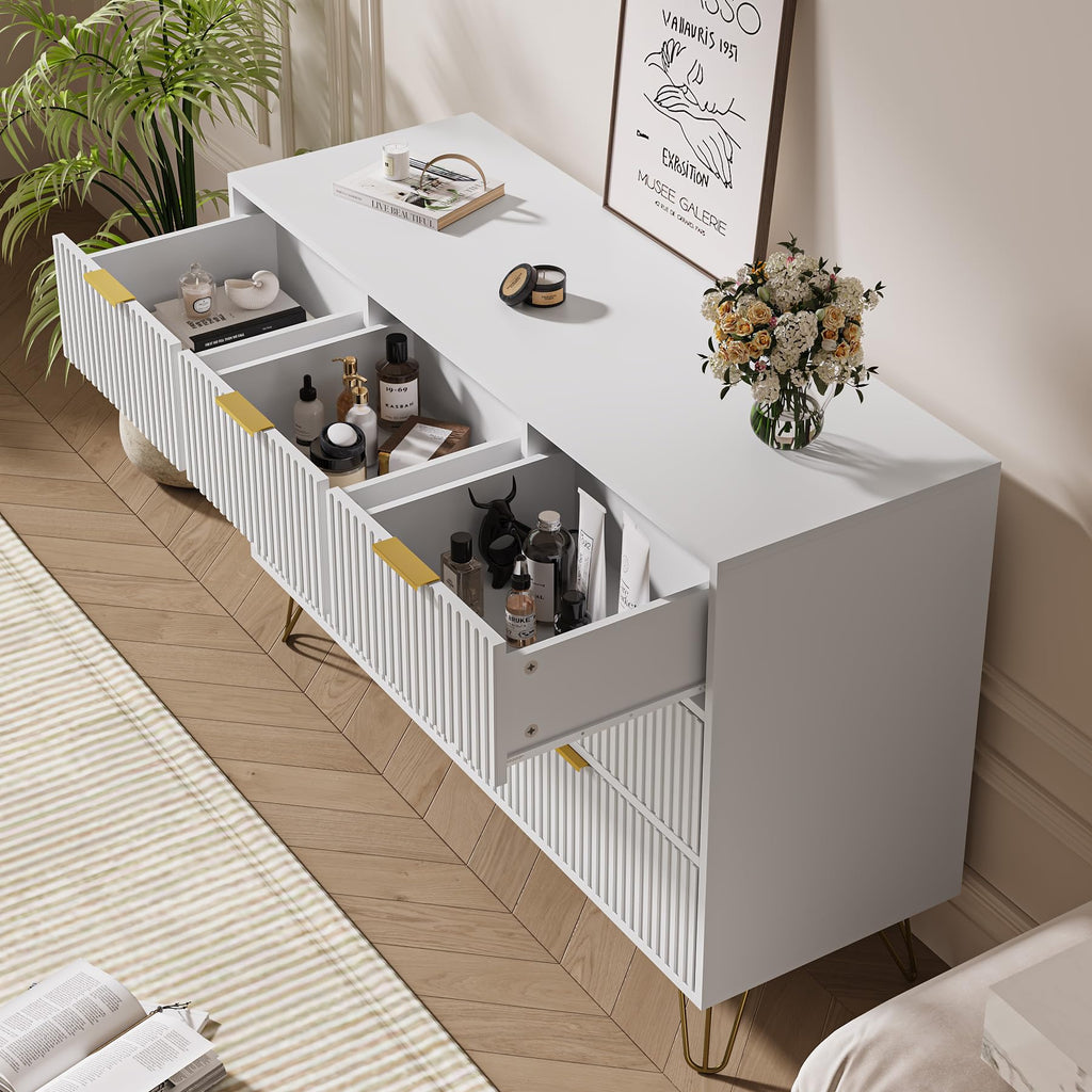 White 7 Drawer, Fluted with Gold metal Handles