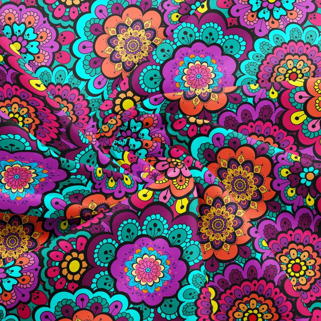 Mandala Flower Soft Polyester No Stretch Fabric by The Yard Watercolor Exotic Boho Floral Plant DIY Fabric by The