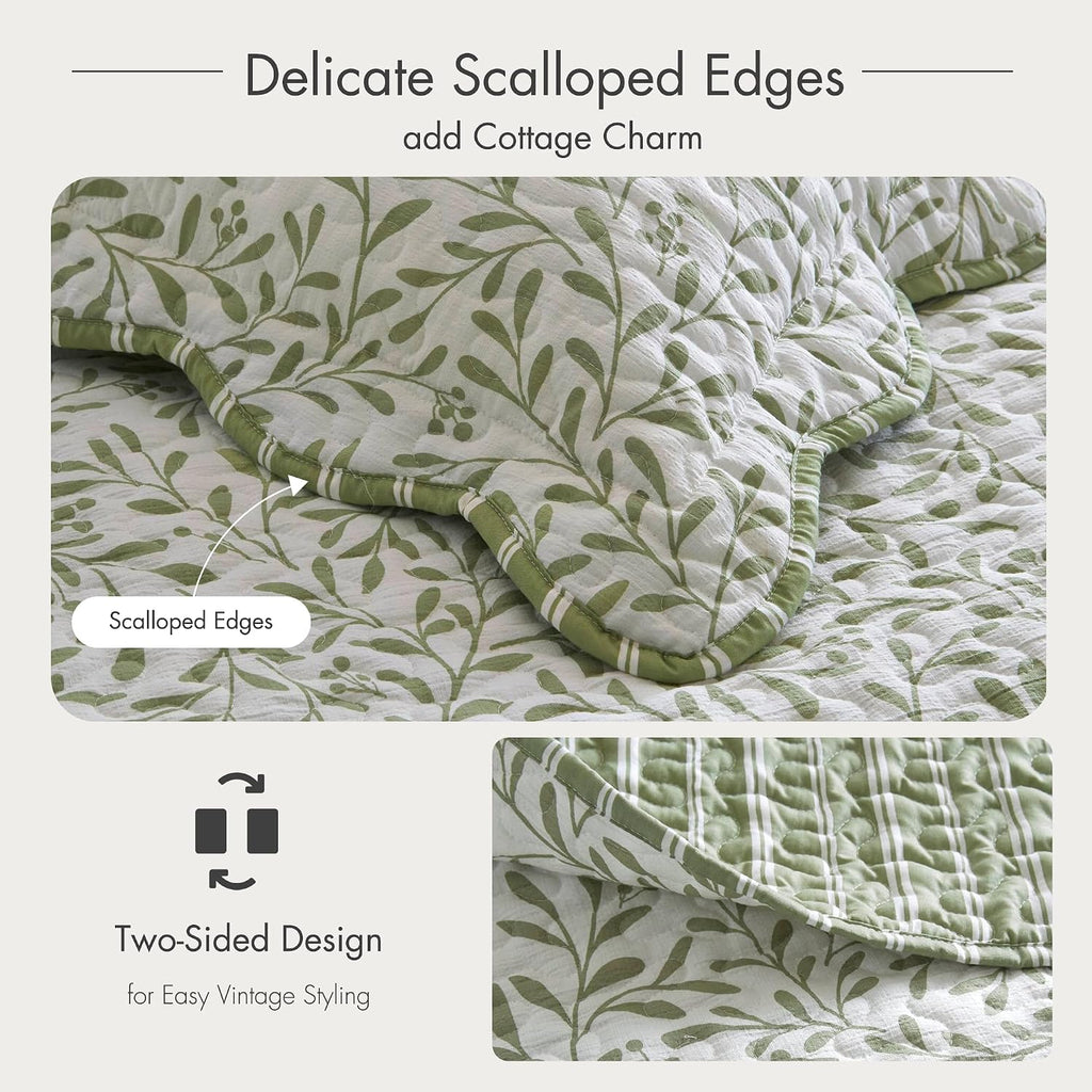 3-Piece Reversible Quilt Set, Botanical Print & Scalloped Edge, Lightweight Summer Bedding, Queen, Market Green