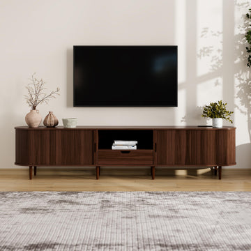 95.2" Fluted TV Stand with Power Outlet for TVs up to 100", TV Console with Adjustable Shelves and Sliding Door, Mid