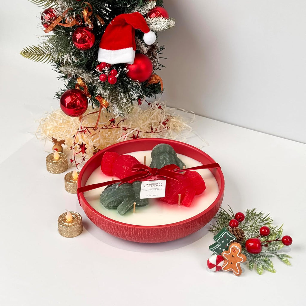 Scented Holiday Candle 18oz Red - Cozy Winter Morning Fragrance, 6-Wick Hand-Poured Wax, Matte Ceramic Oval Vessel - Set of 18