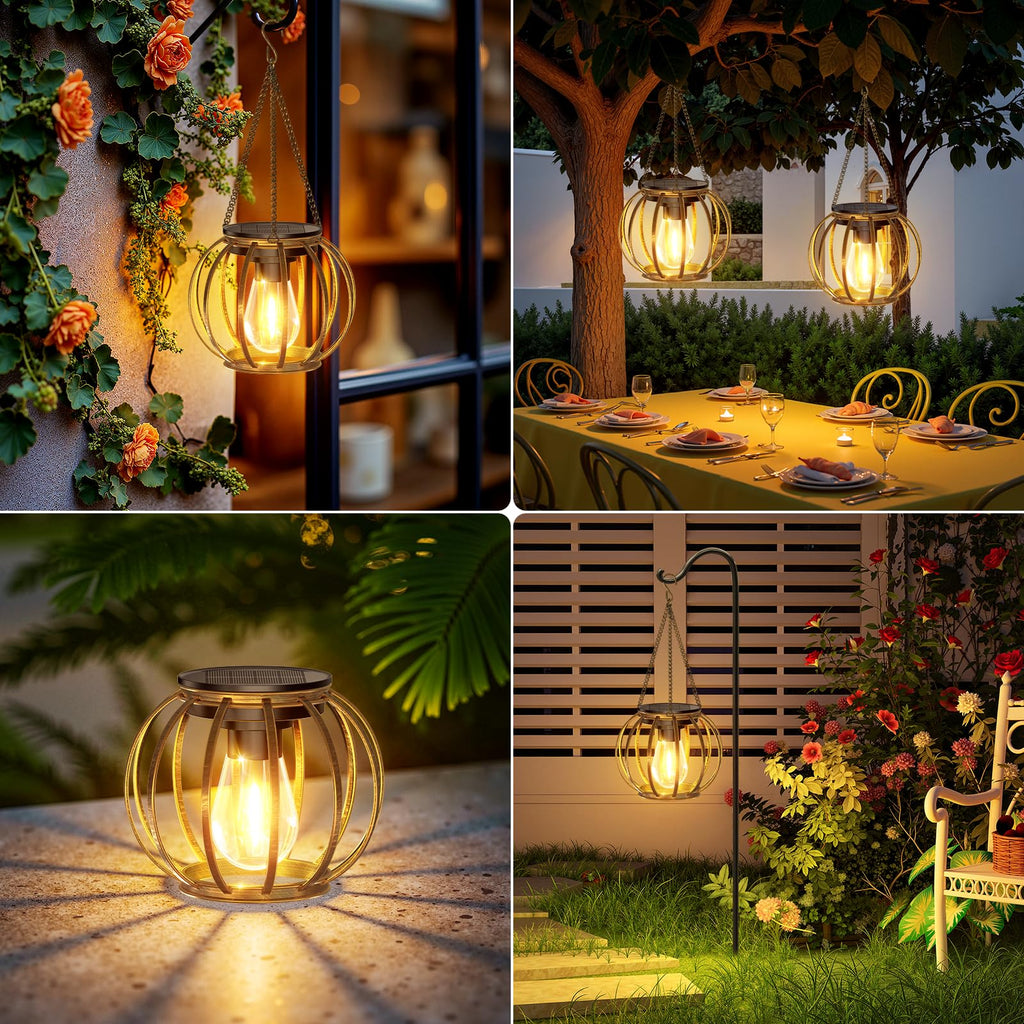 Solar Lanterns Outdoor Waterproof, 4 Pack Upgraded Bronze Metal Hanging Solar Lights Outdoor Lanterns, Brighter Auto