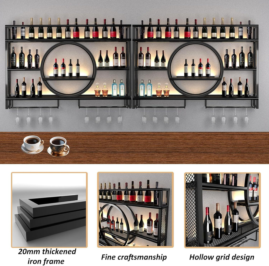 Wine Rack Wall Mounted with LED Light,Bar Liquor Shelf,Black,100*80*15 | Metal,3-Tier,Wine Glass Holder,Modern,Home