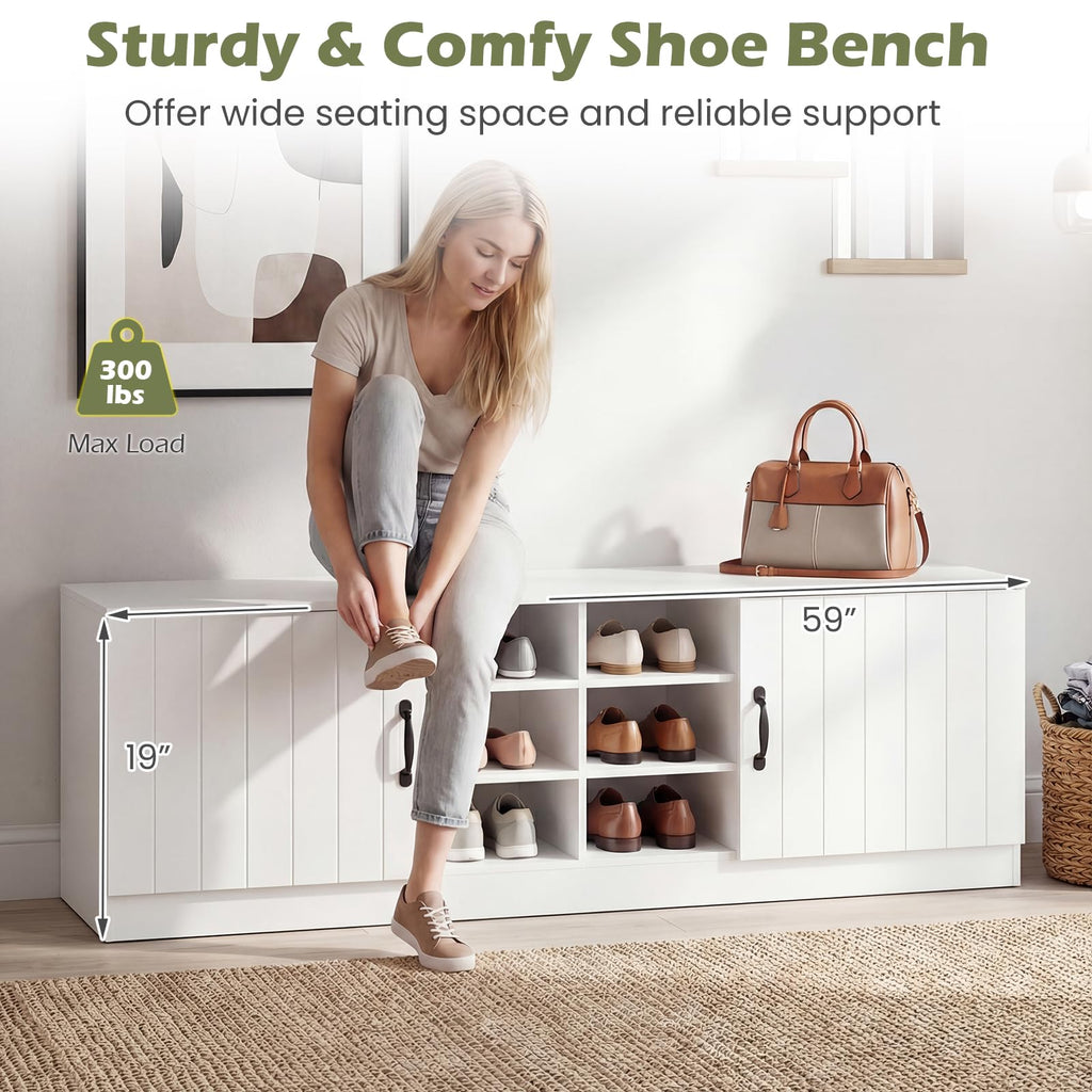 2-Door Shoe Storage Bench, Wooden Entryway Bench with Storage, Adjustable Shelves & 6 Compartments, Modern Shoe