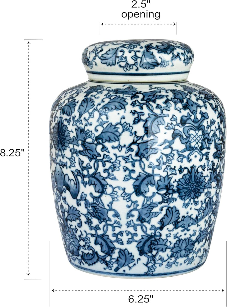 Medium Decorative Ceramic Ginger Jar with Lid, Blue and White Floral Pattern