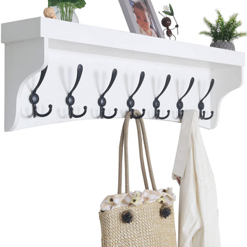 Coat Rack Wall Mount with Shelf, 35" Long White Wall Shelf with Hooks Underneath, Entryway Coat Rack with 7 Triple