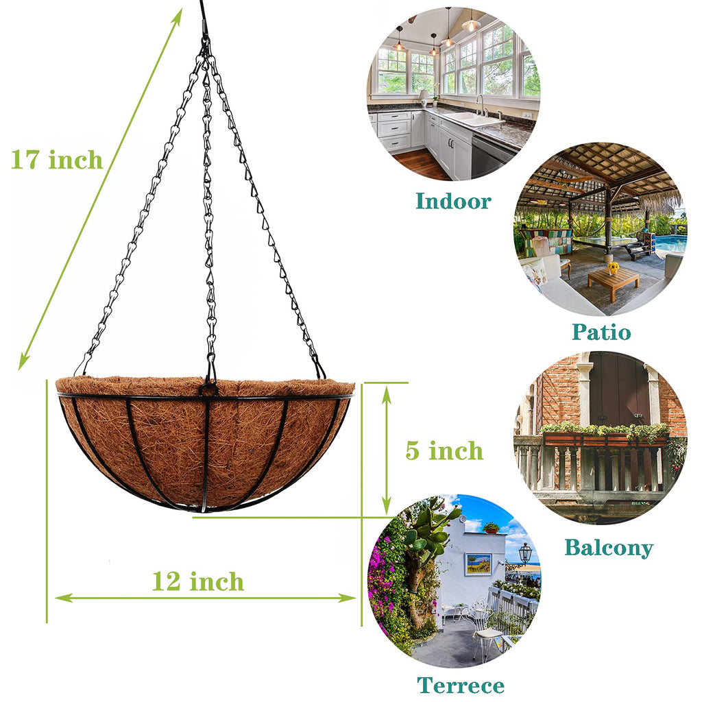 Hanging Baskets for Plants Outdoor(12 inch 4 Pack)- Coconut Coir Hanging Planters Outdoor, Metal Wire Baskets with