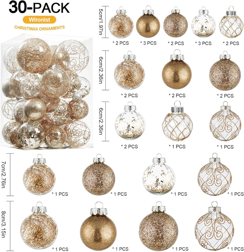 Christmas Ball Ornaments Shatterproof Clear Large Plastic Hanging Ball Decorative Baubles Set with Stuffed Delicate - Set of 30