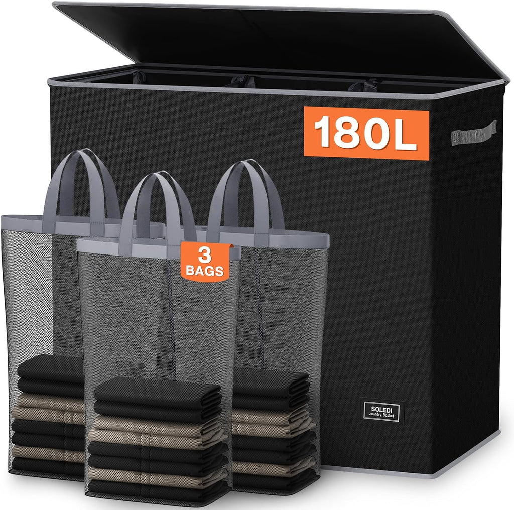 180L Laundry Hamper 3 Section, Extra Large Laundry Hamper with Lid, Dirty Clothes Hamper with Sturdy Handle, Large