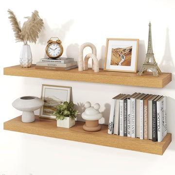 40" Natural Oak Color Floating Shelves Wood Wall Shelf, Set of 2