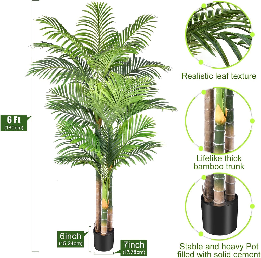 6ft Tall Triple Golden Cane Palm Artificial Tree 72inch Large Tropical Palm Tree UV Resistant Fake Plant in Pot - Set of 2