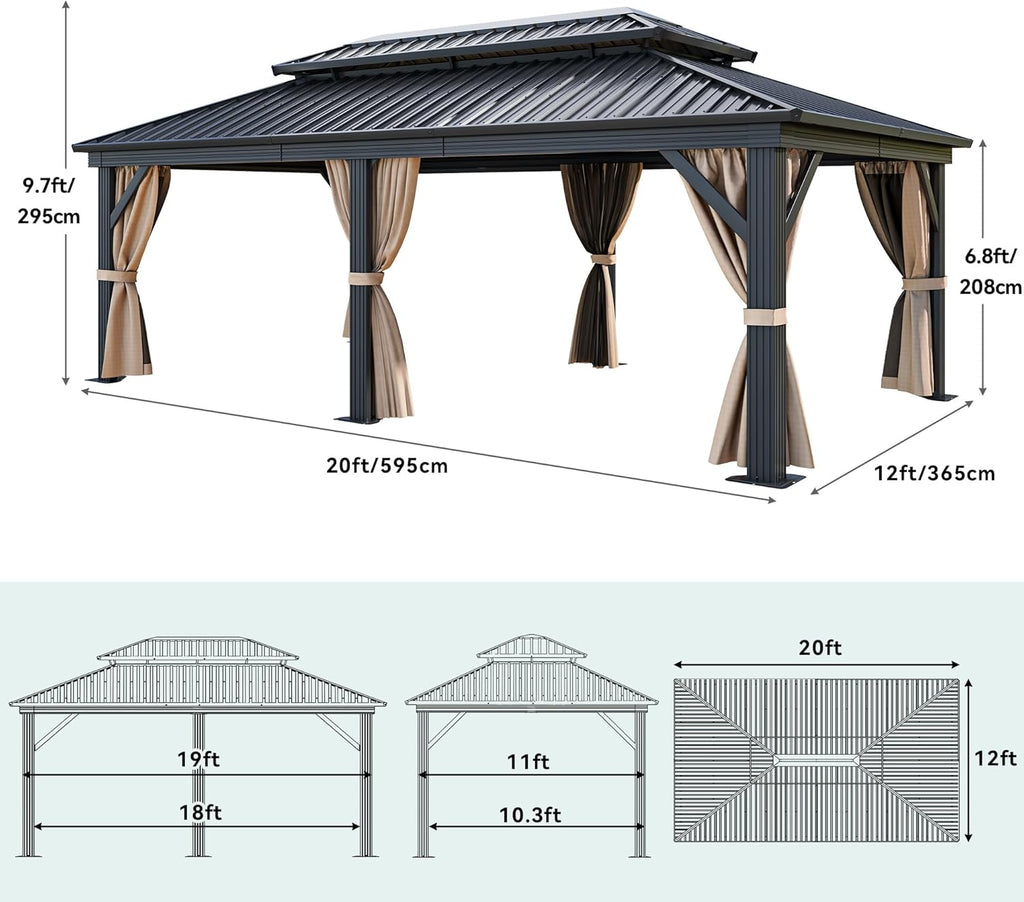 12x20ft Gazebo Hardtop Canopy Heavy Duty Double Roof Outdoor w/Nettings and Curtains
