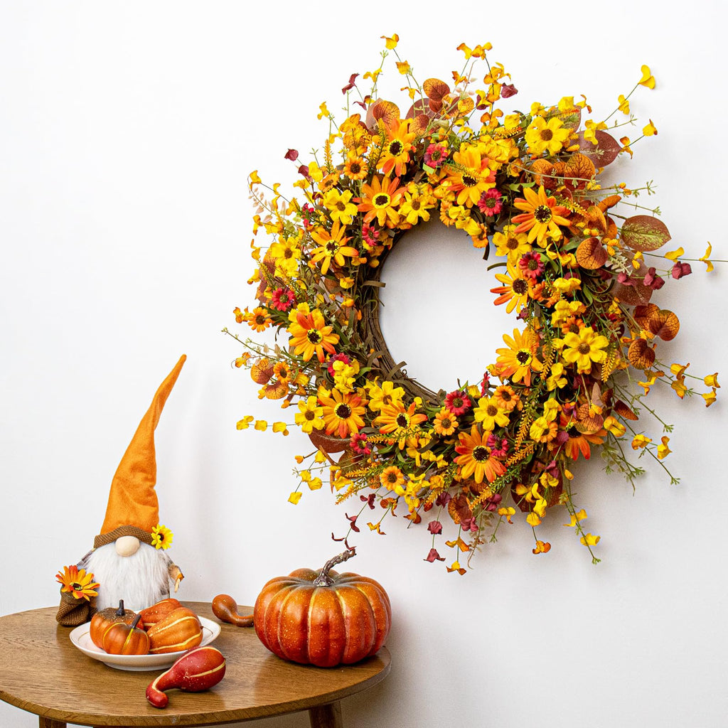 Fall Wreaths for Front Door 22 Inch Artificial Fall Wreath Orange Autumn Wreath with Berries and Eucalyptus Leaves