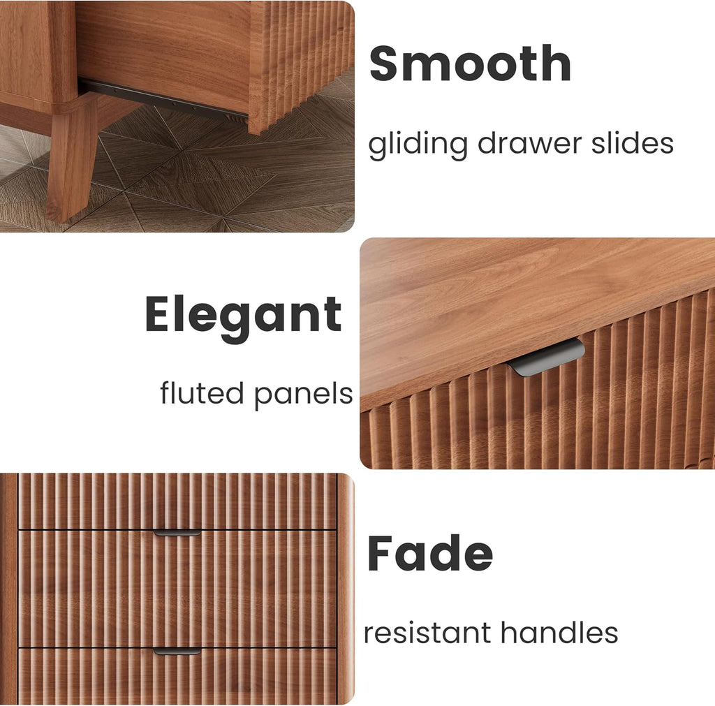 Walnut Nightstand with 3 Drawers, Mid Century Modern Wooden Bedroom Nightstand, Bedside Table & End Table with Metal