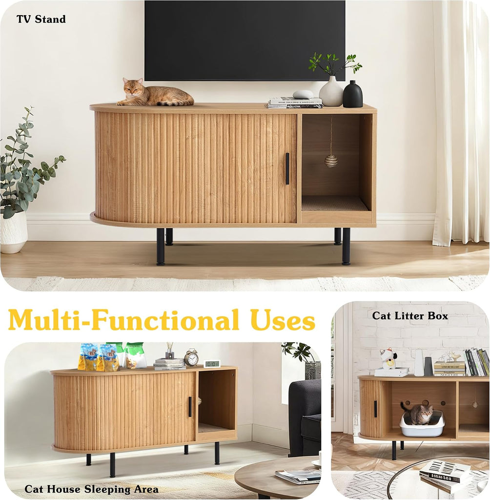 Cat Litter Box Furniture Enclosure with Scratch Pad, Hidden Fluted Cabinet with Sliding Door, Multi-Functional Modern