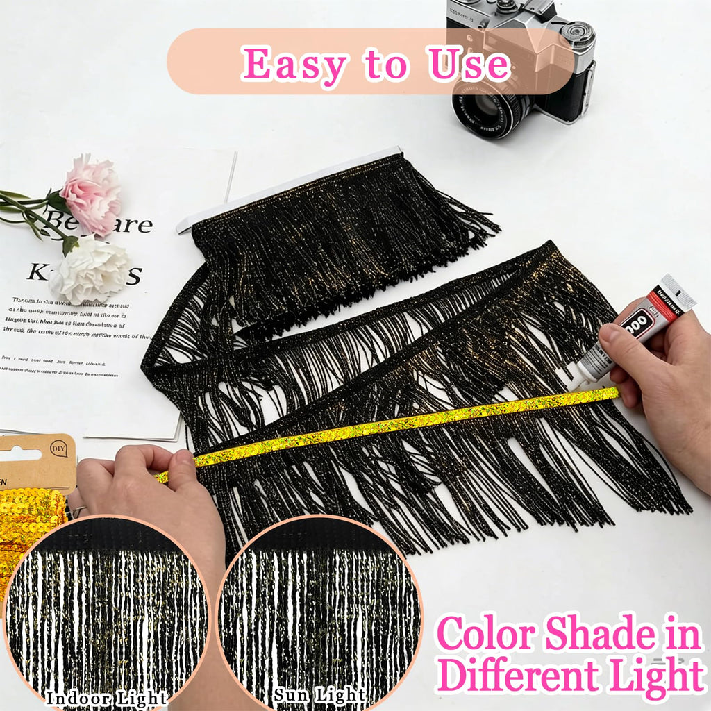 Black Glittery Fringe Trim, 3Yards X 4Inch Fringe Trim with B7000 Glue for Crafts Wedding Birthday Party