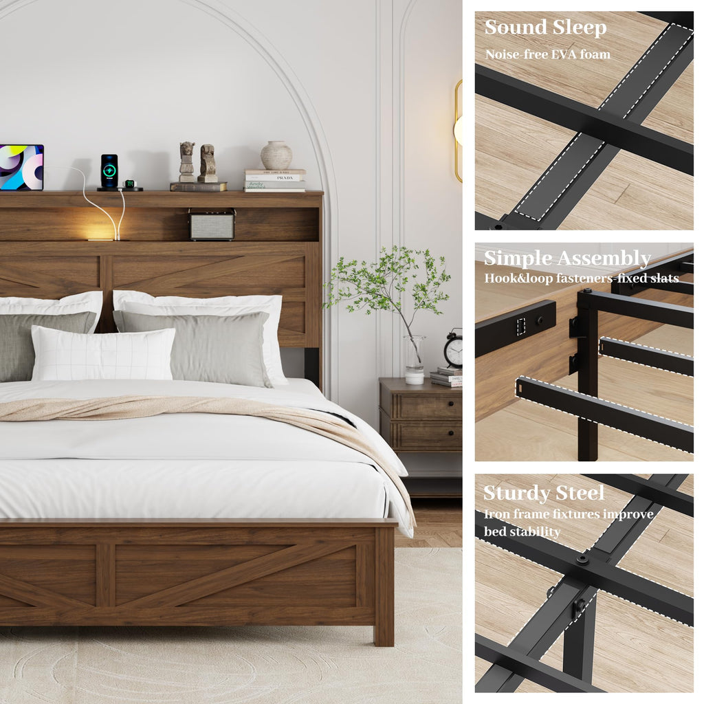 Bed Frame with Headboard, Rustic Farmhouse Wood Bed Frame with LED Lights and Charging Station, Easy