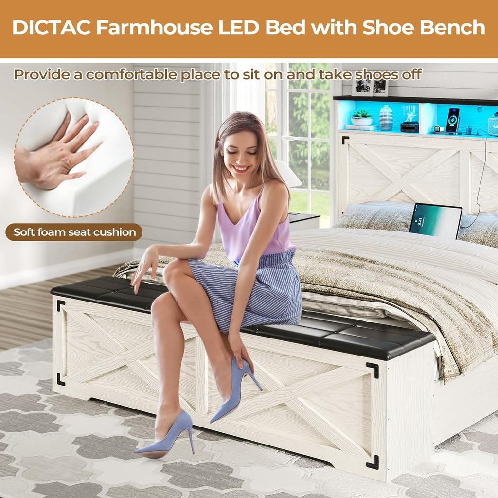 Farmhouse Queen Bed Frame with Storage Headboard, Charging Station and LED Lights Wood Platform Bed Frame Queen with