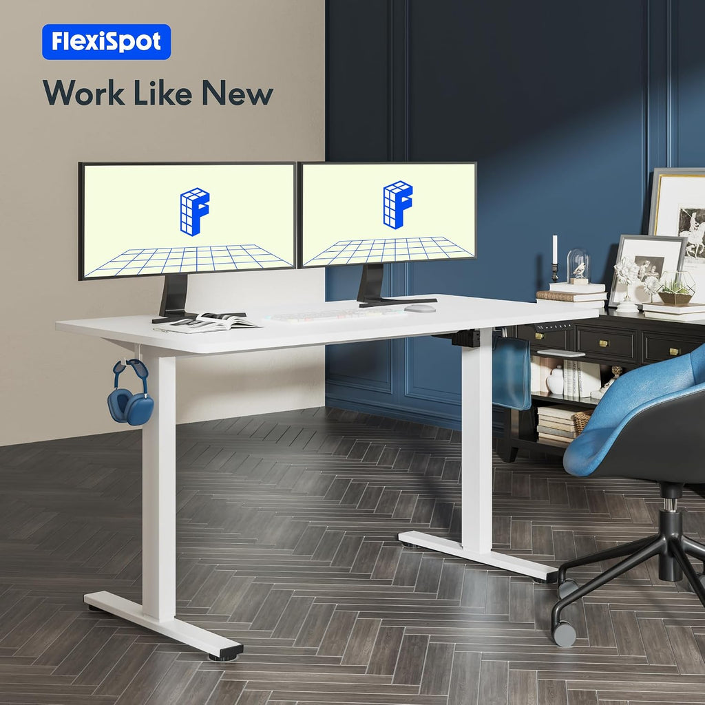 60"x24" Electric Standing Desk, White | One-Piece Desktop, 1" Thick Top, Height Adjustable, Stable Steel Frame, Home