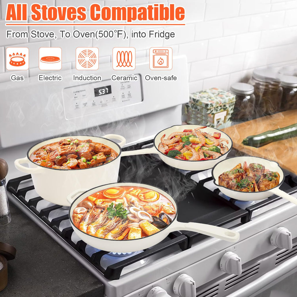 Nonstick Enameled Cast Iron Cookware Set- 3 Frying Pan and 1Piece Pots with Lid, Skillet, Heavy Duty Cookware, Dutch