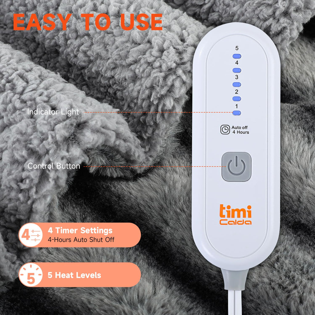 Heated Blanket Electric Throw- 50"x60" Soft Thick Faux Fur Electric Blanket for Sofa with 5 Heat Levels & 4 Hours