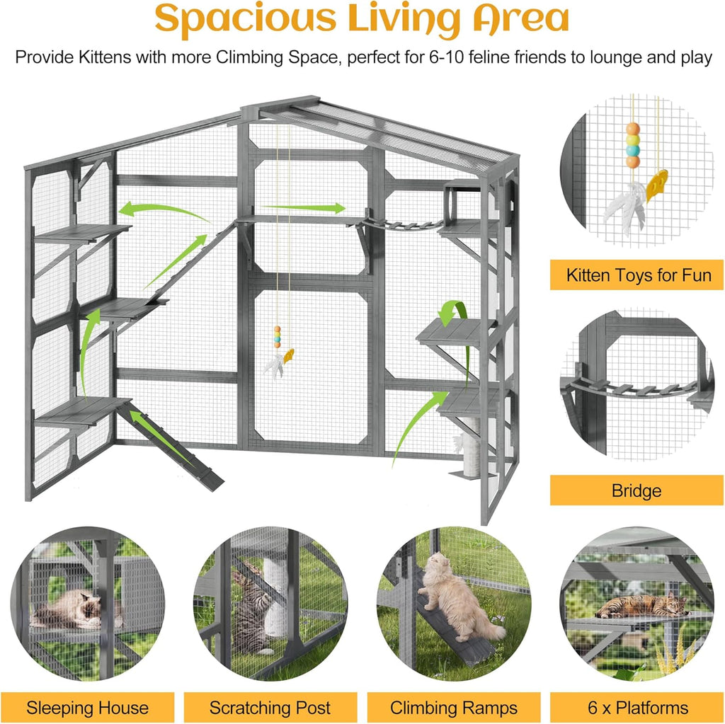Large Outdoor Catio for 6-10 Cats with 6 Platforms, Climbing Ramp, Resting Box and Scratching Post, Weatherproof