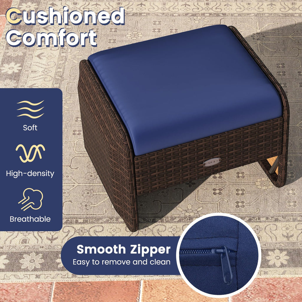 Wicker Outdoor Ottomans - 2-Piece Rattan Footstools w/Removable Cushions, 3-in-1 Multipurpose Footrest, Additional